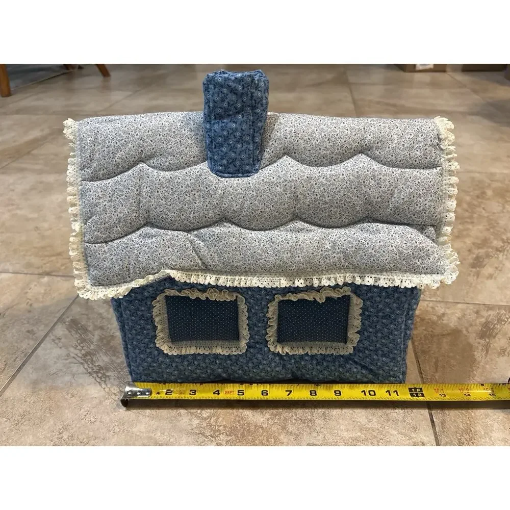 Handmade Blue Calico House Tissue Box Cover Quilted Lace Country Cottagecore